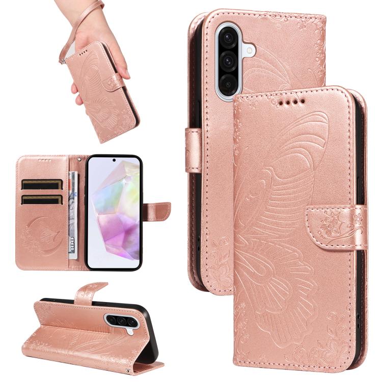 Funda de cuero con relieve de mariposa para Samsung Galaxy A56 5G (oro rosa)