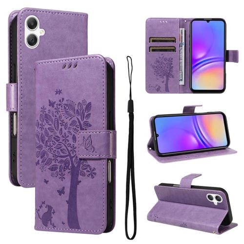 Funda de cuero con tapa y diseño de árbol y gato en relieve para Samsung Galaxy A07 5G (morado claro)