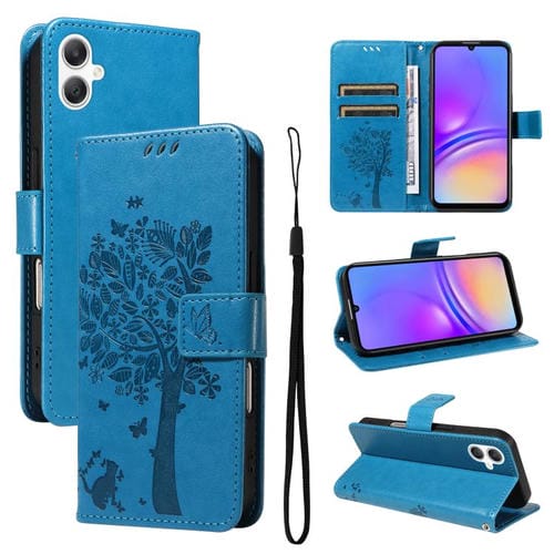 Funda de cuero con tapa y estampado de árbol y gato para Samsung Galaxy A07 5G (azul)