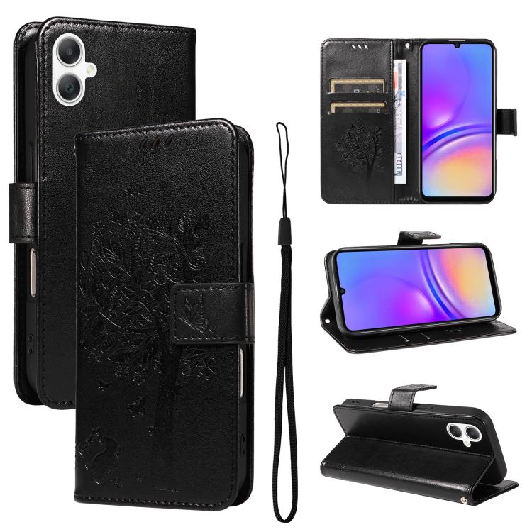 Funda de cuero con tapa y diseño de árbol y gato en relieve para Samsung Galaxy A07 5G (negra)