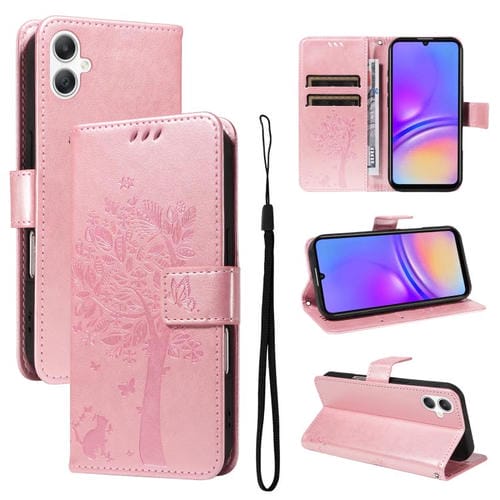 Funda de cuero con tapa y diseño de árbol y gato en relieve para Samsung Galaxy A07 5G (oro rosa)