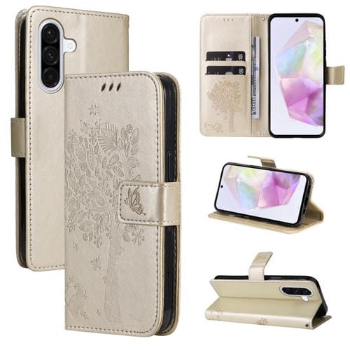 Funda de cuero con tapa y estampado de árbol y gato para Samsung Galaxy A36 5G / M56 5G (dorada)