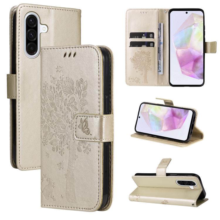 Funda de cuero con tapa y estampado de árbol y gato para Samsung Galaxy A36 5G / M56 5G (dorada)