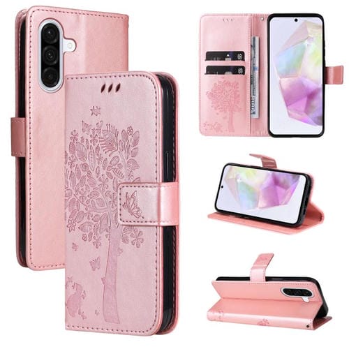 Funda de cuero con tapa y estampado de árbol y gato para Samsung Galaxy A36 5G / M56 5G (oro rosa)