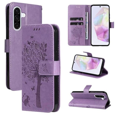Funda de cuero con tapa y diseño de árbol y gato en relieve para Samsung Galaxy A56 5G (morado claro)