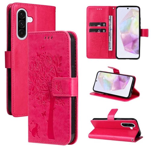 Funda de cuero con tapa y diseño de árbol y gato en relieve para Samsung Galaxy A56 5G (rosa)
