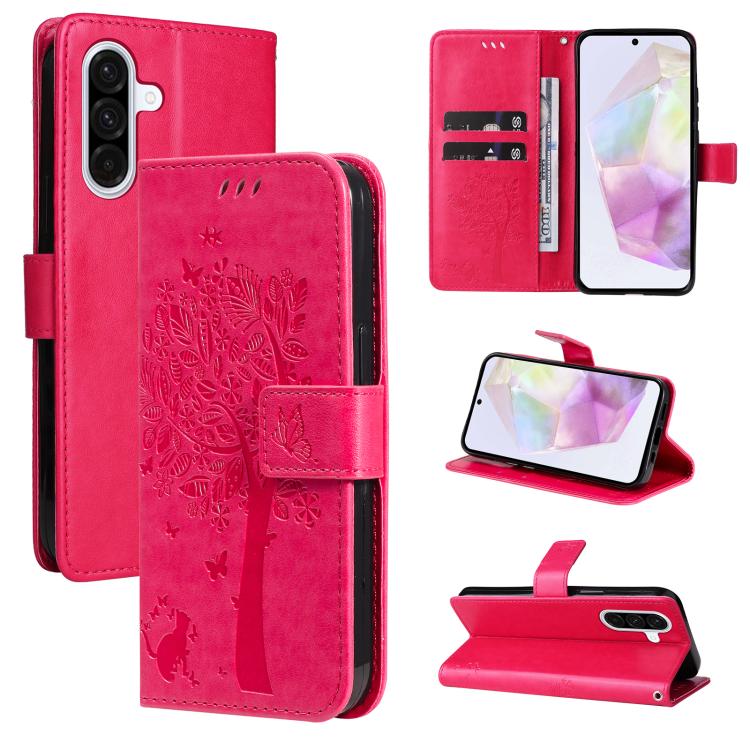 Funda de cuero con tapa y diseño de árbol y gato en relieve para Samsung Galaxy A56 5G (rosa)
