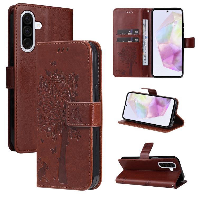 Funda de cuero con tapa y estampado de árbol y gato para Samsung Galaxy A56 5G (café)