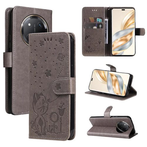 Funda de Cuero para Honor X9C 5G a Prueba de Golpes con Estampado de Abeja y Gato (Gris)