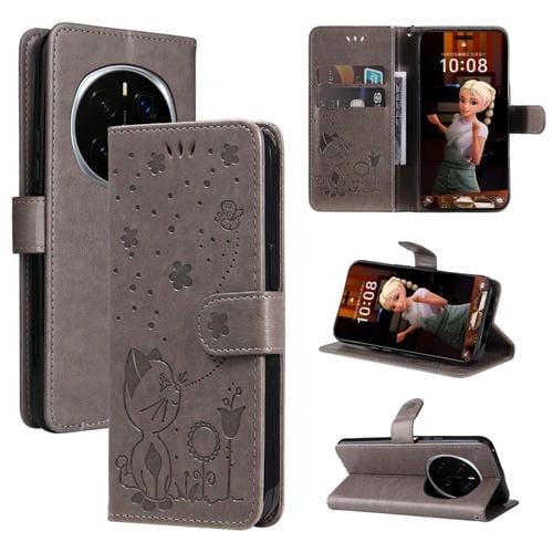 Funda de Cuero a Prueba de Golpes para Honor Magic7 Pro (Gris) con Estampado de Abeja y Gato
