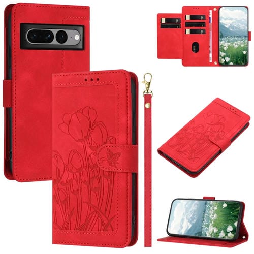 Funda de Cuero con Relieve de Tulipanes para Google Pixel 7 Pro con Cordón (Rojo)