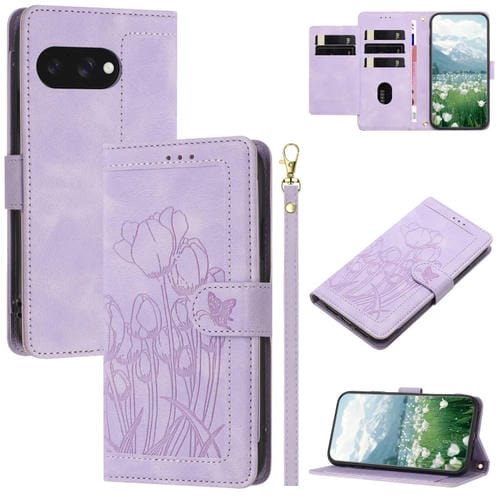 Funda de Cuero con Relieve de Tulipanes para Google Pixel 9A con Cordón (Morado)