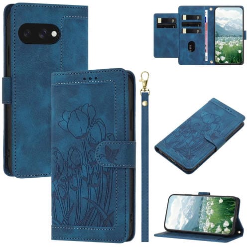 Funda de Cuero con Relieve de Tulipanes para Google Pixel 9A con Cordón (Azul)