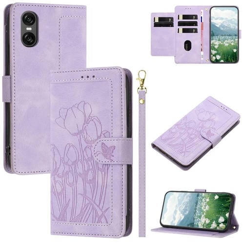 Funda de Cuero con Relieve Tulipanes para Sony Xperia 10 Vi con Cordón (Morado)