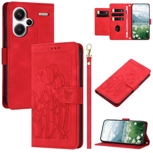 Funda de Cuero con Relieve de Tulipanes para Redmi Note 13 Pro+ 5G con Cordón (Rojo)