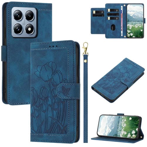 Funda de Piel con Relieve de Tulipanes para Xiaomi 14T Pro con Cordón (Azul)