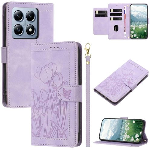 Funda De Piel Con Relieve De Tulipanes Para Xiaomi 14T Con Cordón (Morado)