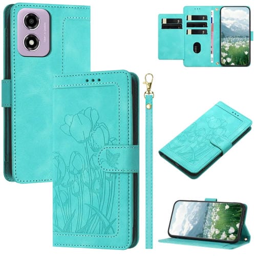 Funda de Cuero con Relieve de Tulipanes para Motorola Moto E14 con Cordón (Verde)