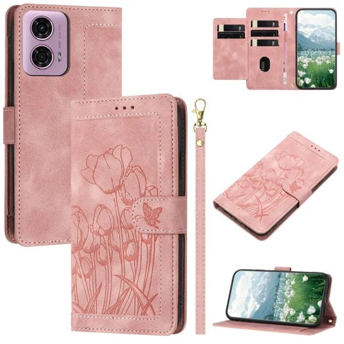 Funda de Piel con Relieve de Tulipanes para Motorola Edge 5G (2024) con Cordón (Rosa)