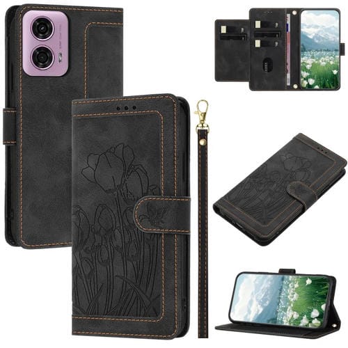 Funda de Cuero con Relieve de Tulipanes para Motorola Edge 5G (2024) con Cordón (Negro)