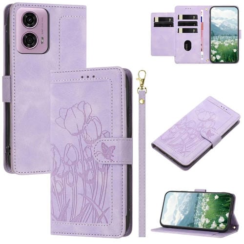 Funda de Piel con Relieve de Tulipanes para Motorola Moto G Power 5G (2024) con Cordón (Morado)