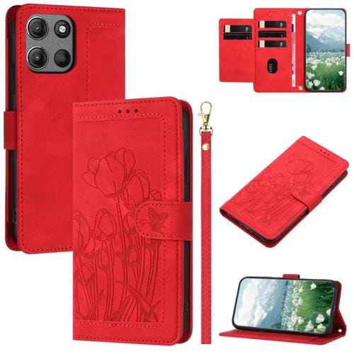 Funda de Cuero con Relieve de Tulipanes para Motorola Moto G 5G (2025) con Cordón (Rojo)