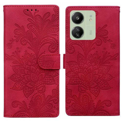 Funda de Teléfono con Hebilla Magnética de Pu con Encaje Floral En Relieve y Correa para la Muñeca para Redmi 14C (Rojo)