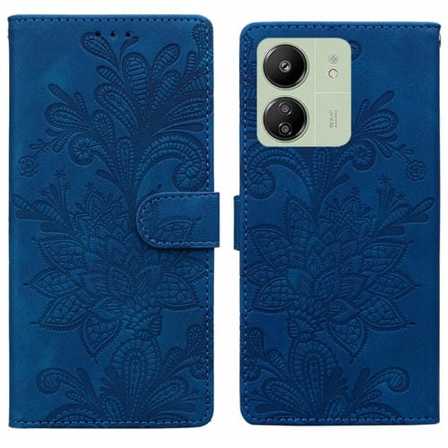 Funda de Teléfono con Hebilla Magnética y Encaje Floral En Relieve para Redmi 14C (Azul)