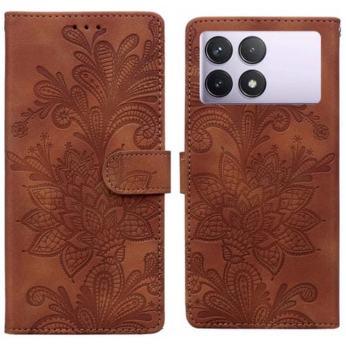 Funda de Teléfono con Hebilla Magnética de Pu con Encaje Floral En Relieve y Correa para la Muñeca para Redmi K70E / Poco X6 Pro (Marrón)