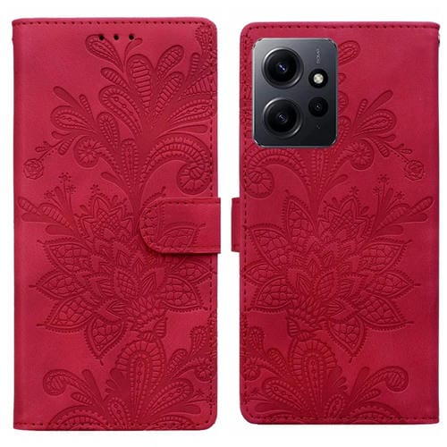 Funda de Teléfono con Hebilla Magnética y Encaje Floral En Relieve para Redmi Note 12 4G Global con Correa para la Muñeca (Rojo)