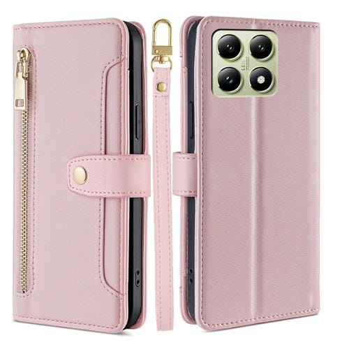Funda De Cuero Tipo Billetera Con Cremallera Y Textura De Oveja Para Xiaomi 14T 5G (Rosa)