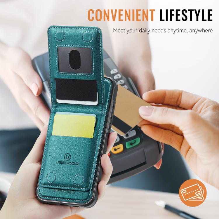 Estuche para Teléfono Jeehood J06 para iPhone 15 Pro con Tarjetero Rfid Magsafe Estilo Británico (Verde)
