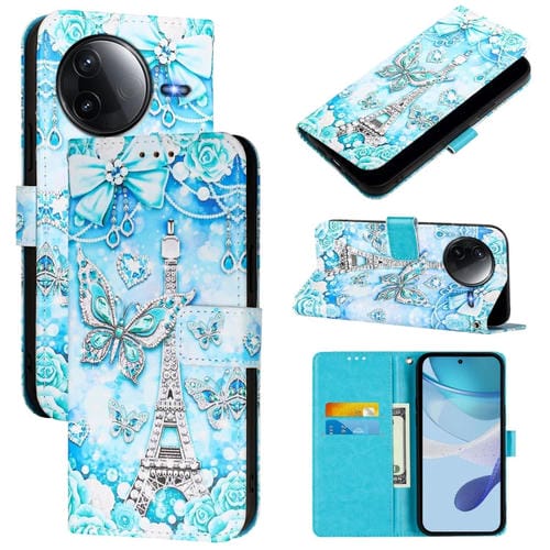 Funda de Teléfono de Cuero con Patrón de Dibujo de Colores y Tejido Liso para Redmi K80/K80 Pro (Mariposa En Forma de Torre)