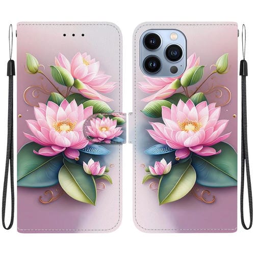 Funda de Cuero para iPhone 15 Pro Max con Dibujo de Colores y Textura de Cristal (Lotus)