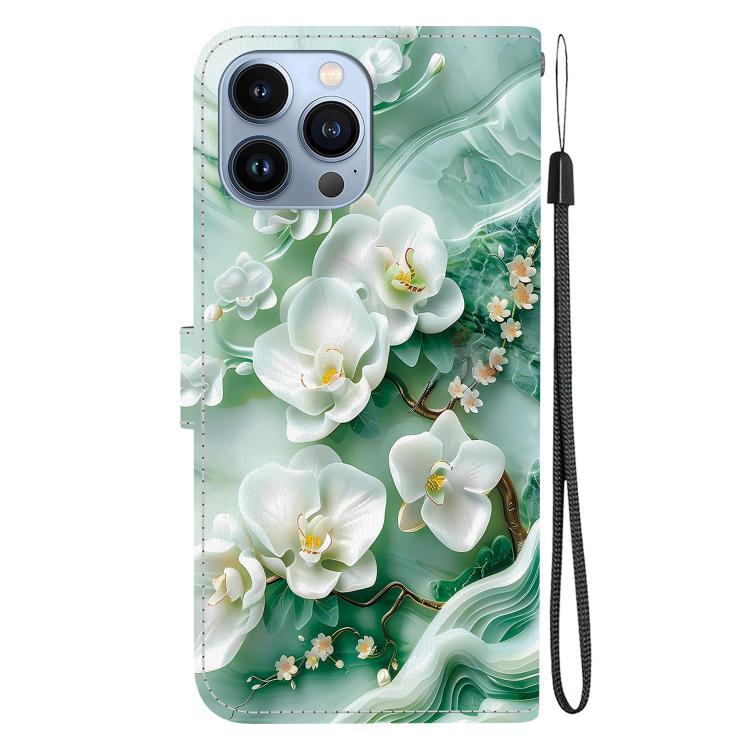 Funda de Cuero iPhone 15 Pro Max Dibujo de Colores Textura de Cristal (Flores de Jade)