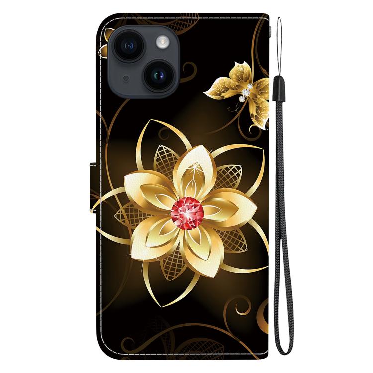 Funda de Cuero iPhone 14 Dibujo Colores Textura Cristal (Flor Dorada)