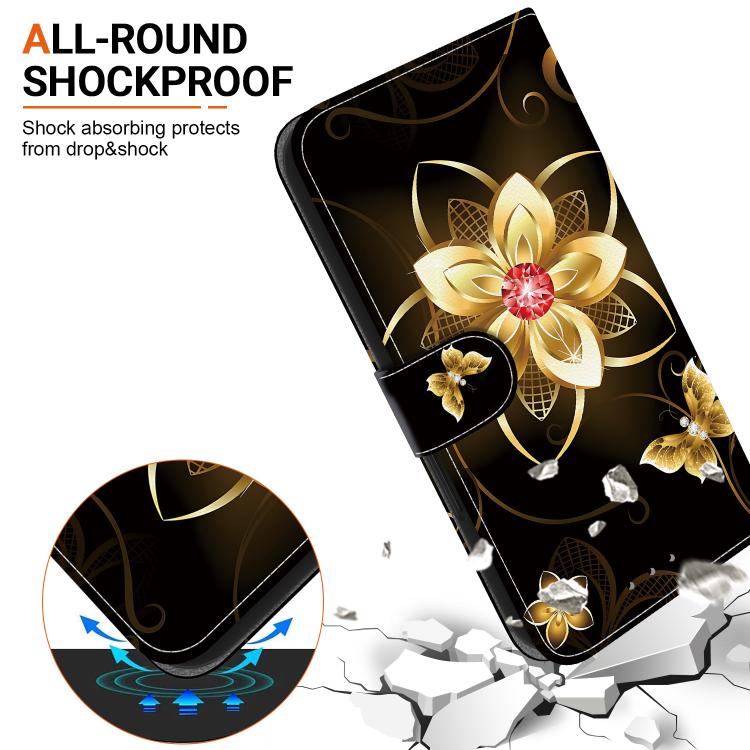 Funda de Cuero iPhone 14 Dibujo Colores Textura Cristal (Flor Dorada)