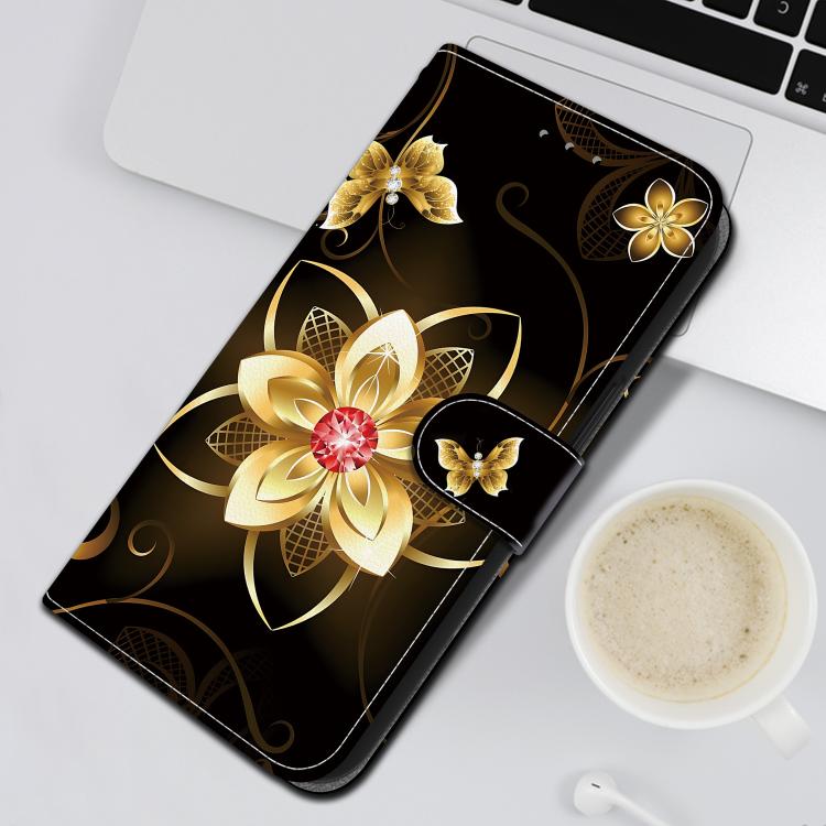 Funda de Cuero iPhone 14 Dibujo Colores Textura Cristal (Flor Dorada)