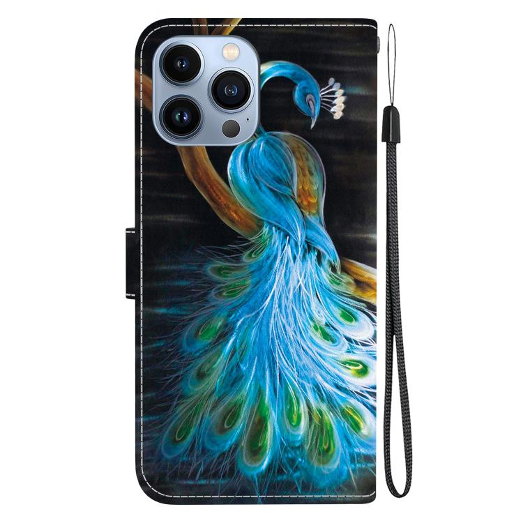 Funda de Cuero para iPhone 13 Pro con Dibujo de Colores y Textura de Cristal (Pavo Real)