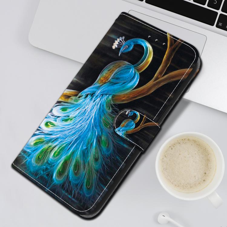 Funda de Cuero para iPhone 13 Pro con Dibujo de Colores y Textura de Cristal (Pavo Real)