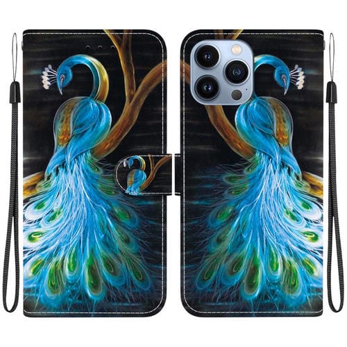 Funda de Cuero para iPhone 12/12 Pro con Dibujo de Colores y Textura de Cristal (Pavo Real)
