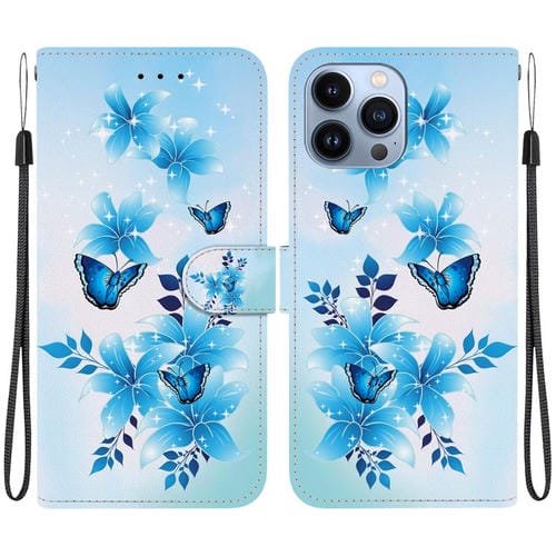 Funda de Cuero para iPhone 12/12 Pro con Dibujo de Colores y Textura de Cristal (Mariposas Azules)