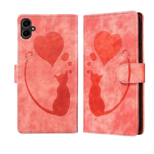 Funda de piel con relieve de gato y corazón para Samsung Galaxy A07 4G / A06 4G (naranja)
