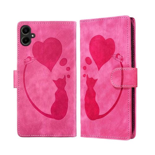 Funda de cuero con relieve de gato y corazón para Samsung Galaxy A07 4G / A06 4G (rosa)