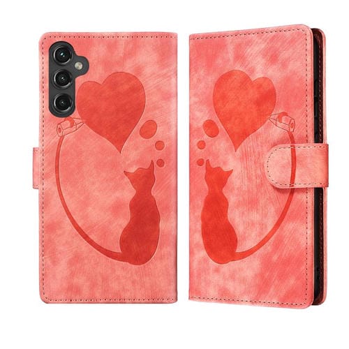 Funda de piel con relieve de gato y corazón para Samsung Galaxy A17 5G / A26 5G (naranja)