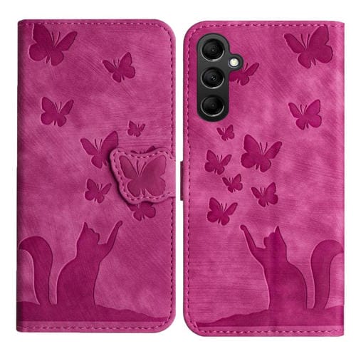Funda de cuero con tapa y estampado de mariposa y gato para Samsung Galaxy A17 5G / A26 5G (rosa)