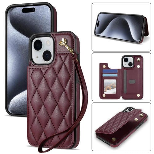 Estuche para Teléfono Rombal iPhone 15 Ranuras Tarjetas Hebilla Doble Cordón (Rojo Vino)