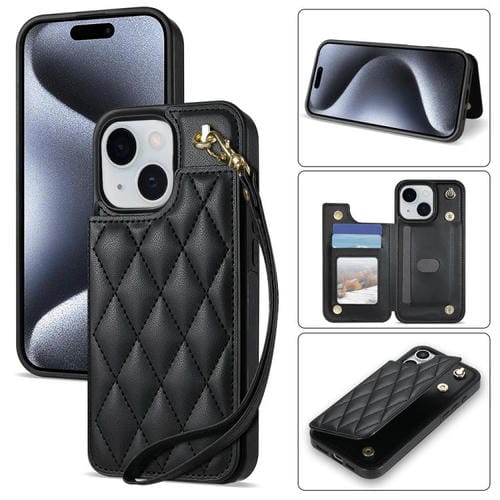 Estuche para Teléfono Rombal iPhone 14 Plus con Ranuras para Tarjetas y Hebilla Doble (Negro)
