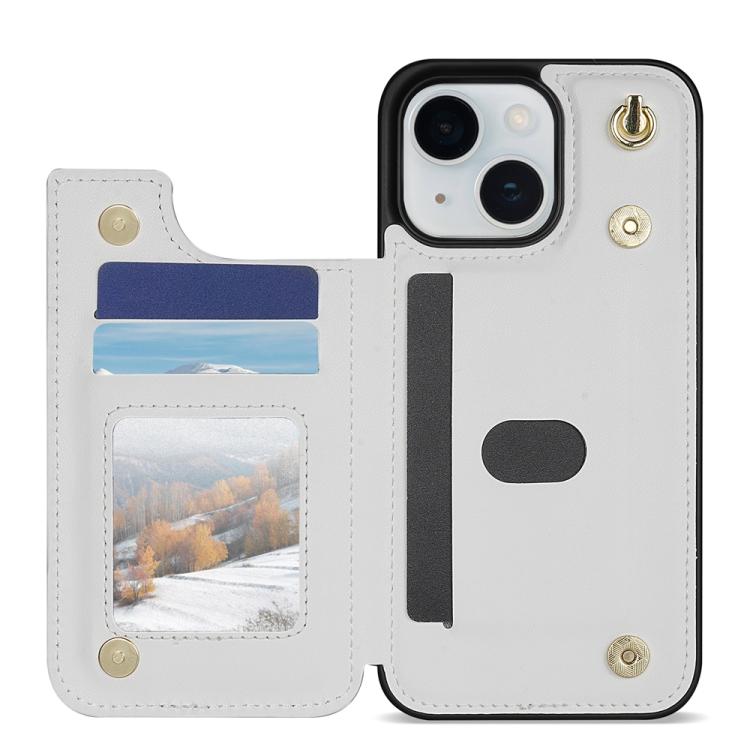 Estuche para Teléfono iPhone 13/14 Ranuras Tarjetas Hebilla Doble Rombal Cordón (Blanco)