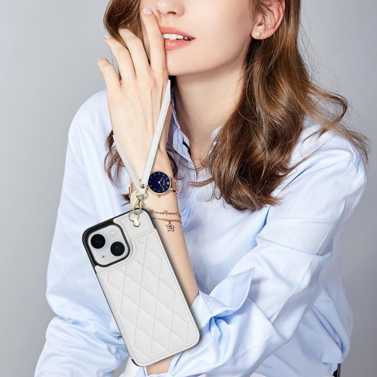 Estuche para Teléfono iPhone 13/14 Ranuras Tarjetas Hebilla Doble Rombal Cordón (Blanco)